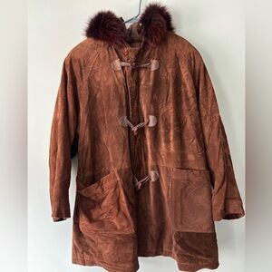 Vintage Streetwear Brown Dark Red Grunge Suede duffle Midi Coat Real Fur Trim 3X
